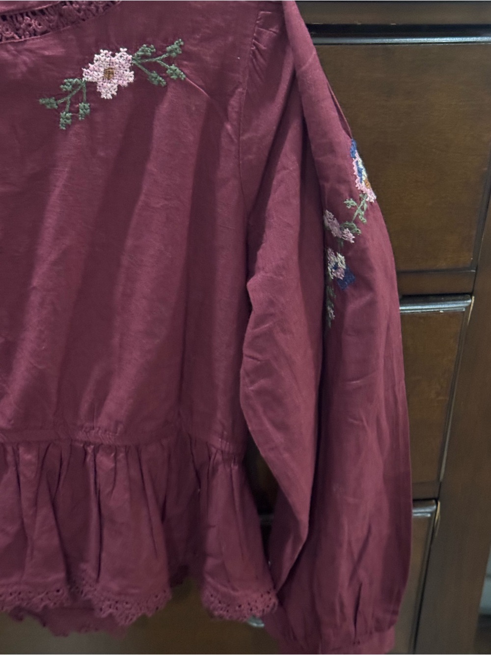 Jennifer & grace Embroidered Tie-Front Peplum Top - Burgundy long sleeve size S - Picture 7 of 12